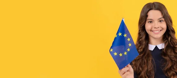 Cheerful Teen Girl Hold European Union German Flag Yellow Background — Φωτογραφία Αρχείου