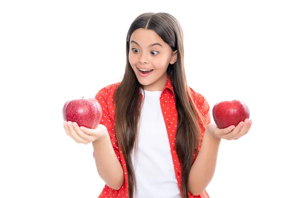 Teenager Child Girl Biting Tasty Green Apple Portrait Happy Smiling — Stok fotoğraf