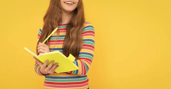 Happy School Kid Learn Write Eyes Closed Yellow Background Homework — стоковое фото