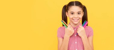 free time. lets start homework. creative mind. happy teen girl use colorful markers. Banner of schoolgirl student. School child pupil portrait with copy space