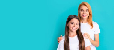 Mother and daughter child banner, copy space, isolated background. happy childhood. express emotions. cheerful mother and daughter