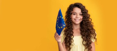 happy teen girl hold european union flag, education abroad. Horizontal poster of isolated child face, banner header, copy space