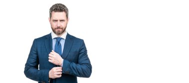 Middle-aged man wear formal business suit with navy necktie isolated on white, businessman. Man face portrait, banner with copy space
