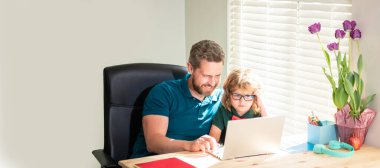 Banner of teacher and pupil school boy with laptop at home, back to school. father and son in eyewear use computer at home. family blog. nerd boy.