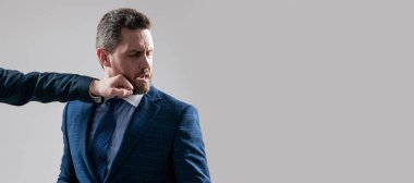 Man face portrait, banner with copy space. knockout. struggle for leadership. displeased colleague dispute. negotiations. businessmen fighting