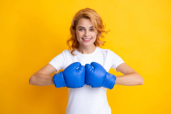 Woman Boxing Gloves Yellow Isolated Background Successful Young Woman Happy — 스톡 사진