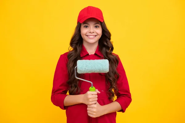 Happy Smiling Builder Building Uniform Cap Painter Painting Brush Tool — Stock Fotó