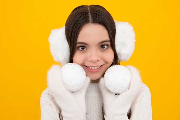 Happy Kids Face Close Teenager Child Santa Girl Fur Sweater — Stock Fotó