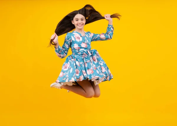 Happiness Freedom Motion Child Young Teenager Girl Jumping Air Yellow — Stock fotografie