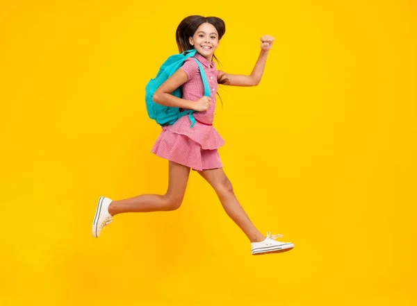 Schoolgirl School Uniform Backpack Teenage Girl Student Yellow Isolated Background — 스톡 사진