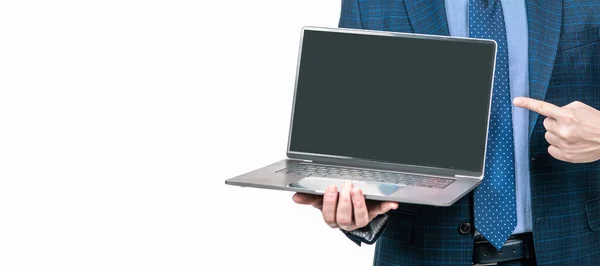 Cropped Businessman Man Pointing Finger Laptop Screen Copy Space Advertisement — Foto Stock