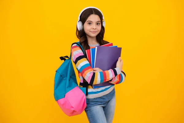 Schoolchild Teenage Student Girl Headphones School Bag Backpack Yellow Isolated — Foto Stock