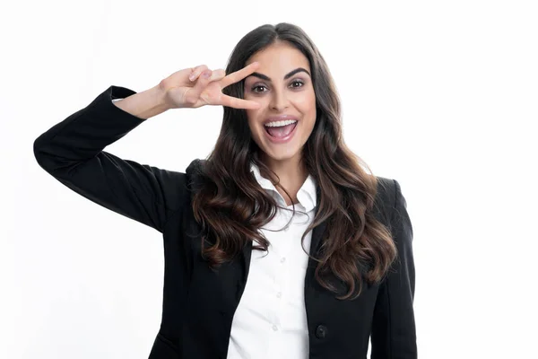 Business Woman Victory Sign Happy Positive Funny Businesswoman Show Victory — Foto de Stock