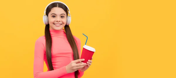 Lets Try Cheerful Kid Takeaway Coffee Cup Headphones Good Morning — Stockfoto