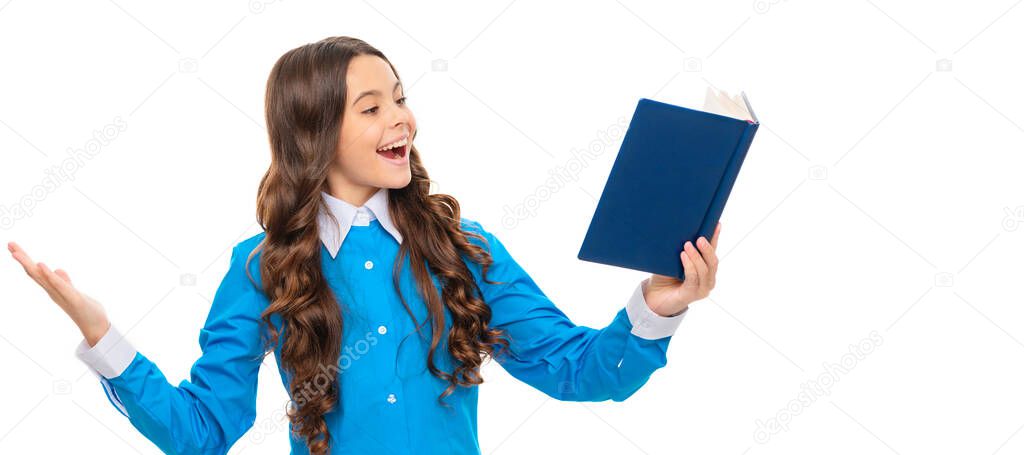 Happy child read school book aloud with expression isolated on white, reading. Banner of schoolgirl student. School child pupil portrait with copy space