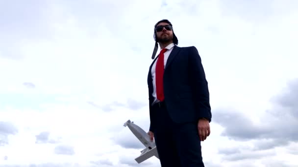 Man Business Suit Pilot Hat Glasses Hold Plane Success — Vídeos de Stock