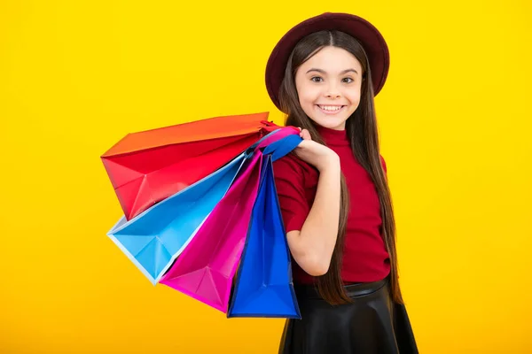 Teenager Hold Shopping Bag Enjoying Sale Child Girl Ready Shopping — Photo