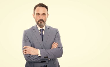 Saçları ağarmış özgüvenli patron. kopyalama alanı. Boz işadamı ellerini çapraz yaptı. İş başarısı. Takım elbiseli bir adam. Girişimci beyazı izole etti. Resmi moda. Profesyonel sakallı CEO..