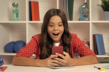 Şaşırmış çocuk yazma ve mesaj atma. SMS ve anlık mesajlaşma. Modern iletişim teknolojisi. Genç kız blogcu akıllı telefon kullanıyor. Okula dönüyorum. Eğitim uygulaması. Sınıfta çocuk sohbeti.