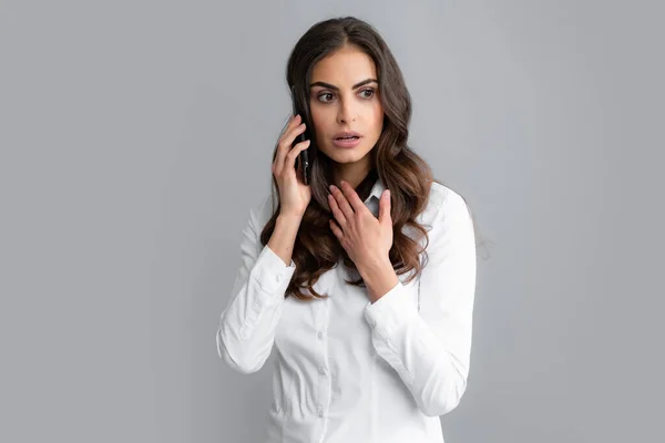 Woman Talking Phone Young Woman Mobile Phone Businesswoman Smartphone Grey — Foto de Stock