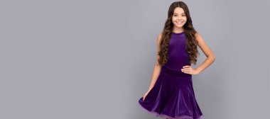 child in purple dance dress. dancing school. Child face, horizontal poster, teenager girl isolated portrait, banner with copy space