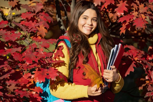 cheerful girl hold workbook on autumn leaves background.