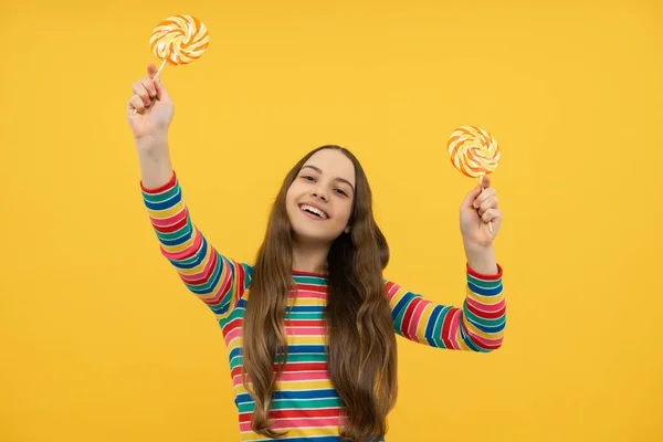 Funny Child Lollipop Yellow Isolated Background Sweet Childhood Life Teen — Fotografia de Stock