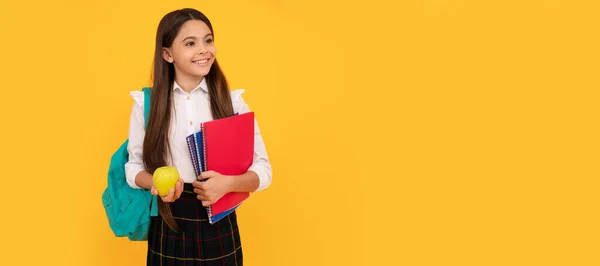 Happy Child Backpack Workbooks Hold Apple Lunch School Uniform Banner — Fotografia de Stock