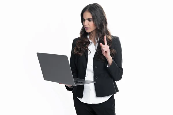 Beautiful Serious Business Woman Grey Background Using Laptop Computer — Stockfoto