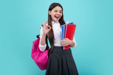 Okula dönelim. Okul çantalı liseli kız izole stüdyo geçmişi üzerine kitap tutuyor. Okul ve eğitim kavramı. Okul üniformalı ergen kız.