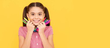 her hobby. creativity. back to school. cheerful teenage girl going to draw picture. Horizontal isolated poster of school girl student. Banner header portrait of schoolgirl copy space