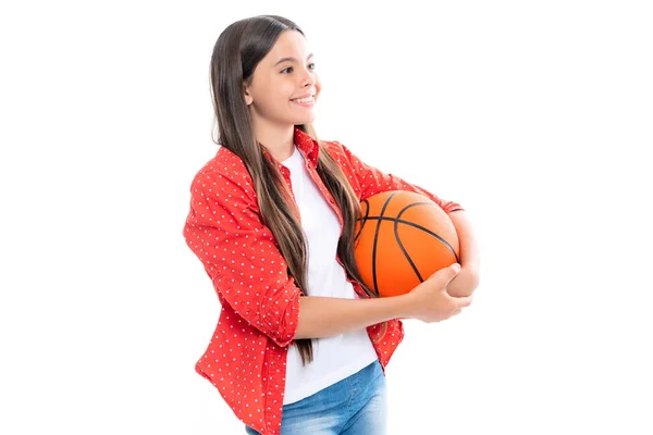 Teen Girl Basketball Ball Isolated White Background Portrait Happy Smiling — Foto de Stock