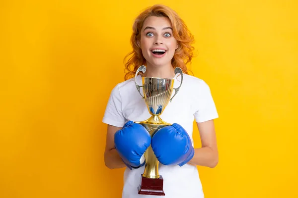 Woman Boxing Gloves Hold Champion Winner Cup Portrait Successful Winner — Stockfoto
