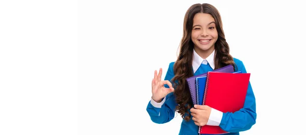 Winking Child Long Curly Hair Hold School Workbook Isolated White — Stockfoto