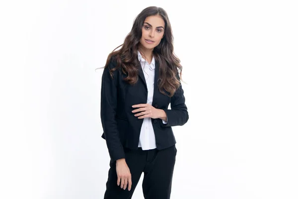 Sexy Smyslný Portrét Obchodní Ženy Módní Obchodnice Obleku Izolované Bílém — Stock fotografie