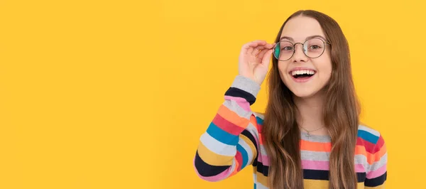 Happy Schoolgirl Nerd Kid Eyeglasses Vision Eyesight Child Face Horizontal — Stok fotoğraf