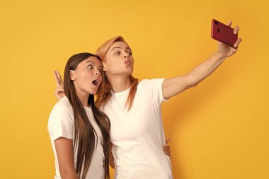 Komik anne ve kızı akıllı telefondan özçekim yapıyor, iletişim kuruyor..