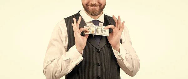 Hundred Dollar Tips Cropped Businessman Money Man Hold Cash Isolated — Zdjęcie stockowe