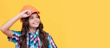 improve your childhood. future engineer. workers day. making repairs. cheerful teen girl. Child builder in helmet horizontal poster design. Banner header, copy space