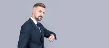 Man face portrait, banner with copy space. time management. agile business. professional network administrator hold computer