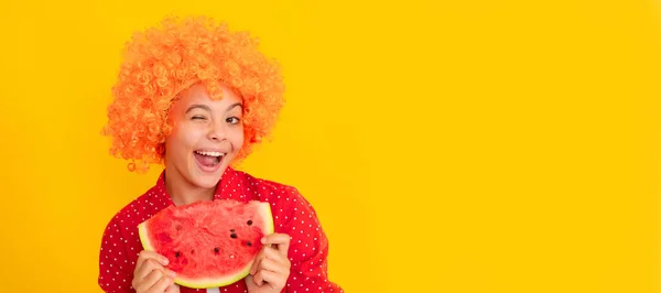 Summertime Winking Child Orange Hair Hold Water Melon Slice Yummy — Stock Fotó