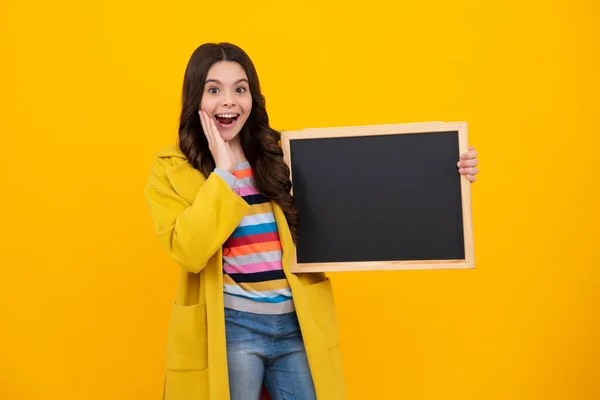 School Sales Board Cheerful Teenage Girl Kid Hold Blackboard Chalkboard — Fotografia de Stock