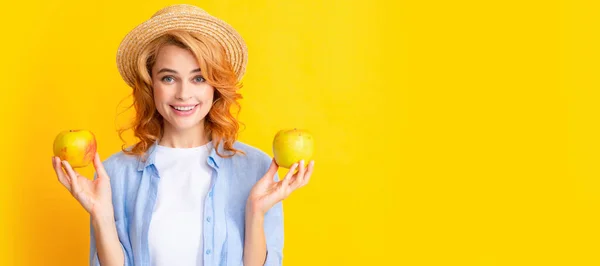 Beautiful Smile Young Woman Holding Apple Woman Isolated Face Portrait — Stok fotoğraf