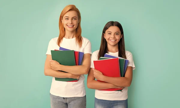 Mom Teen Girl Study Private Teacher Child Holding Copybooks Family — Stock Fotó
