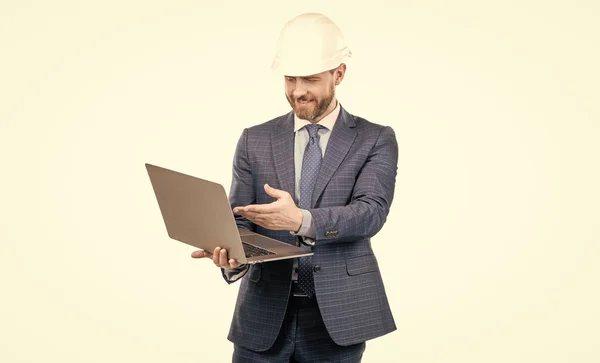 Civil Engineer Professional Man Hardhat Use Laptop Computer Engineering Isolated — Stock Photo, Image