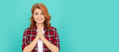 Woman isolated face portrait, banner with mock up copyspace. dreamy lady with curly hair. fashion and beauty. female model casual trend