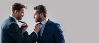 Man face portrait, banner with copy space. displeased colleague dispute. negotiations. businessmen talking and discussing conflict