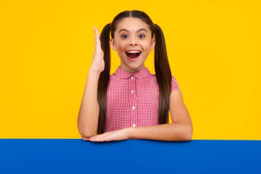 Genç kız bilgilendirme için boş bir yer tutuyor. Reklam ve satış. Piyasalar ve dükkanlar satış konsepti, fotokopi alanı için boş tahta. Genç kızın mutlu ve gülümseyen duyguları