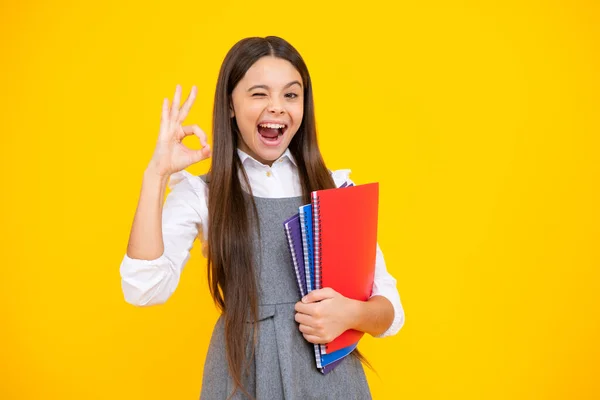 Excited Face Schoolgirl Copy Book Posing Isolated Background Literature Lesson — Fotografia de Stock