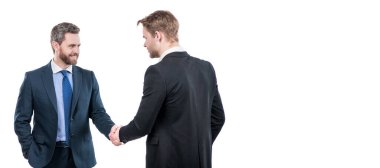two businessmen colleagues shaking hands after successful business deal, cooperation. Man face portrait, banner with copy space